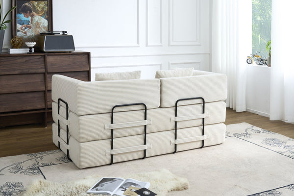 English Elm Convertible Floor Sofa Bed with Corduroy Upholstery High Density Foam Studio Sleeper Beige White W3434P509778