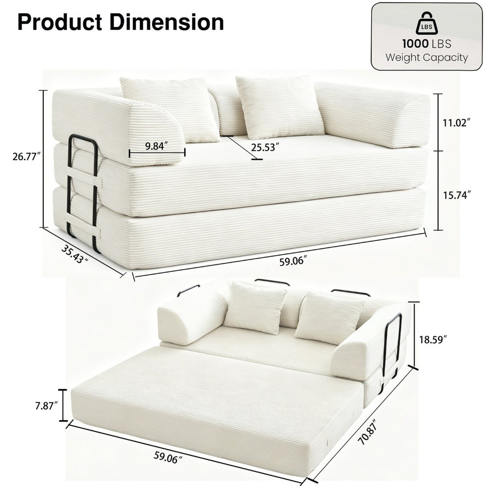 English Elm Convertible Floor Sofa Bed with Corduroy Upholstery High Density Foam Studio Sleeper Beige White W3434P509778