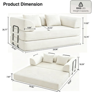 English Elm Convertible Floor Sofa Bed with Corduroy Upholstery High Density Foam Studio Sleeper Beige White W3434P509778