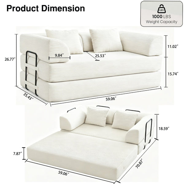 English Elm Convertible Floor Sofa Bed with Corduroy Upholstery High Density Foam Studio Sleeper Beige White W3434P509778