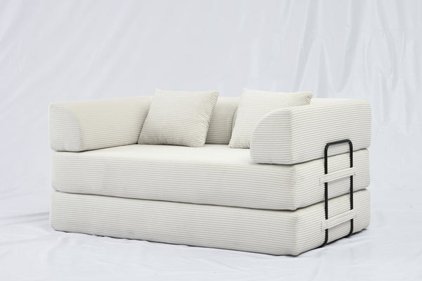English Elm Convertible Floor Sofa Bed with Corduroy Upholstery High Density Foam Studio Sleeper Beige White W3434P509778