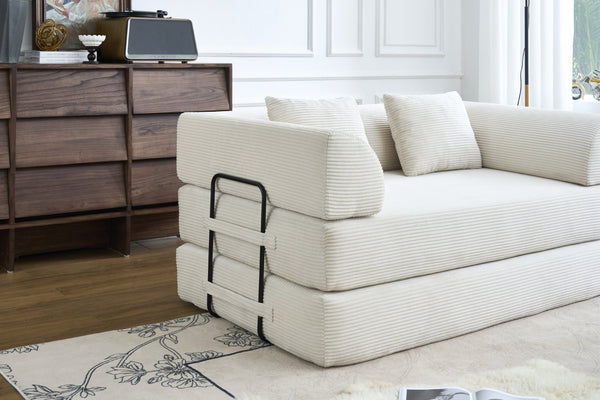 English Elm Convertible Floor Sofa Bed with Corduroy Upholstery High Density Foam Studio Sleeper Beige White W3434P509778