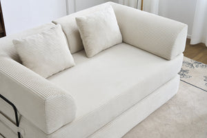 English Elm Convertible Floor Sofa Bed with Corduroy Upholstery High Density Foam Studio Sleeper Beige White W3434P509778