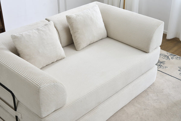 English Elm Convertible Floor Sofa Bed with Corduroy Upholstery High Density Foam Studio Sleeper Beige White W3434P509778