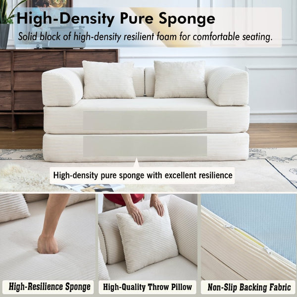 English Elm Convertible Floor Sofa Bed with Corduroy Upholstery High Density Foam Studio Sleeper Beige White W3434P509778
