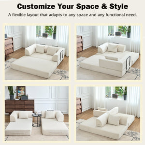 English Elm Convertible Floor Sofa Bed with Corduroy Upholstery High Density Foam Studio Sleeper Beige White W3434P509778