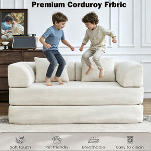 English Elm Convertible Floor Sofa Bed with Corduroy Upholstery High Density Foam Studio Sleeper Beige White W3434P509778