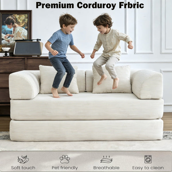 English Elm Convertible Floor Sofa Bed with Corduroy Upholstery High Density Foam Studio Sleeper Beige White W3434P509778