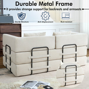 English Elm Convertible Floor Sofa Bed with Corduroy Upholstery High Density Foam Studio Sleeper Beige White W3434P509778