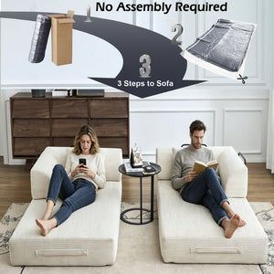 English Elm Convertible Floor Sofa Bed with Corduroy Upholstery High Density Foam Studio Sleeper Beige White W3434P509778