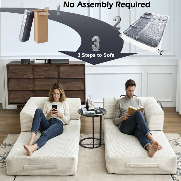 English Elm Convertible Floor Sofa Bed with Corduroy Upholstery High Density Foam Studio Sleeper Beige White W3434P509778