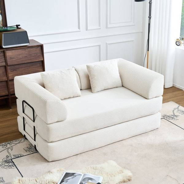 English Elm Convertible Floor Sofa Bed with Corduroy Upholstery High Density Foam Studio Sleeper Beige White W3434P509778