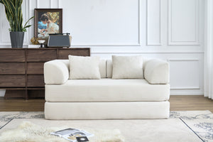 English Elm Convertible Floor Sofa Bed with Corduroy Upholstery High Density Foam Studio Sleeper Beige White W3434P509778