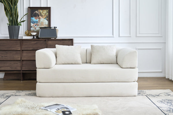 English Elm Convertible Floor Sofa Bed with Corduroy Upholstery High Density Foam Studio Sleeper Beige White W3434P509778