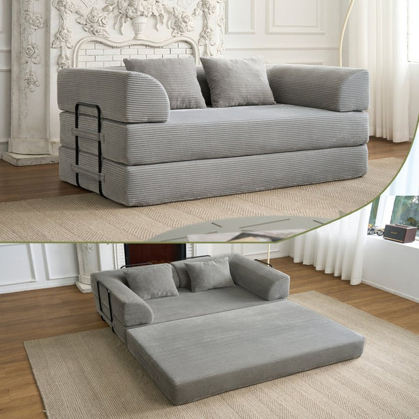 English Elm Convertible Floor Sofa Bed with Corduroy Upholstery High Density Foam Studio Sleeper Light Gray W3434P509869