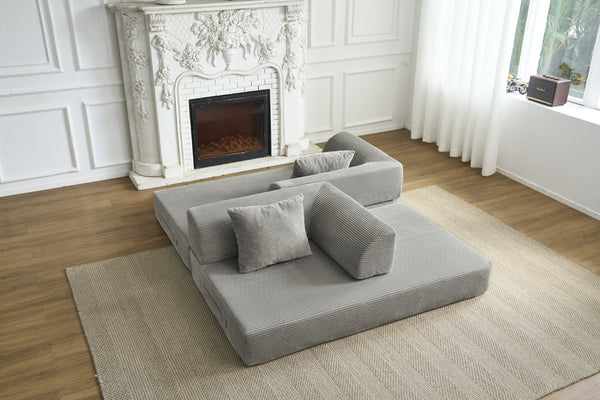 English Elm Convertible Floor Sofa Bed with Corduroy Upholstery High Density Foam Studio Sleeper Light Gray W3434P509869