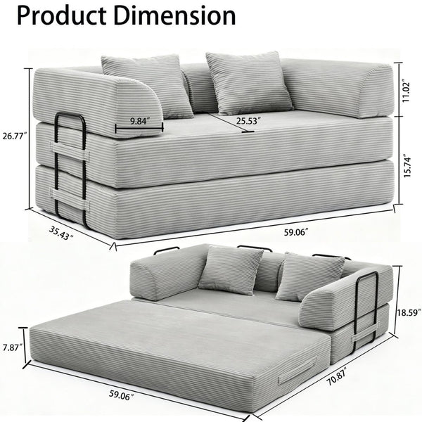 English Elm Convertible Floor Sofa Bed with Corduroy Upholstery High Density Foam Studio Sleeper Light Gray W3434P509869