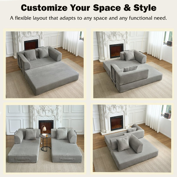English Elm Convertible Floor Sofa Bed with Corduroy Upholstery High Density Foam Studio Sleeper Light Gray W3434P509869