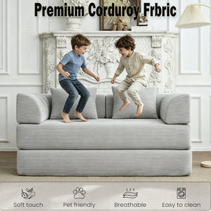 English Elm Convertible Floor Sofa Bed with Corduroy Upholstery High Density Foam Studio Sleeper Light Gray W3434P509869