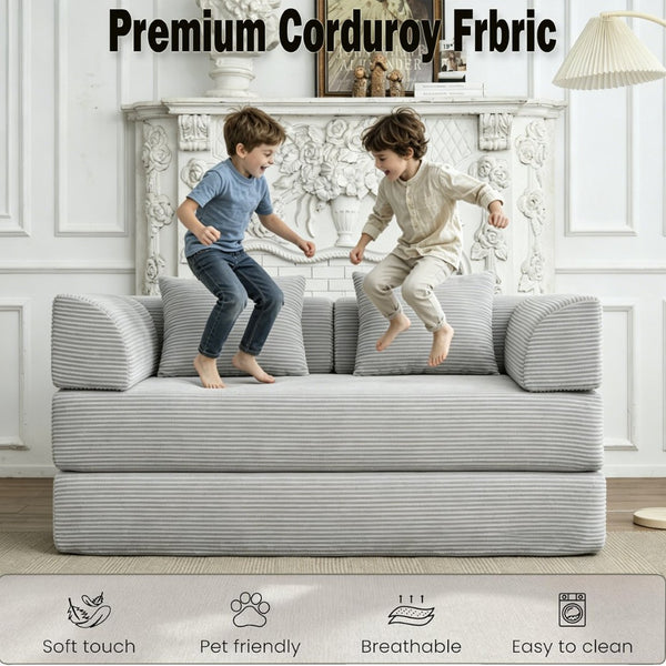 English Elm Convertible Floor Sofa Bed with Corduroy Upholstery High Density Foam Studio Sleeper Light Gray W3434P509869