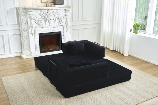 English Elm Convertible Floor Sofa Bed with Corduroy Upholstery High Density Foam Studio Sleeper Black W3434P509870