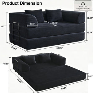 English Elm Convertible Floor Sofa Bed with Corduroy Upholstery High Density Foam Studio Sleeper Black W3434P509870