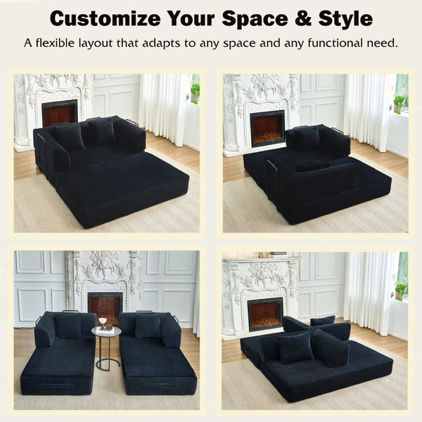 English Elm Convertible Floor Sofa Bed with Corduroy Upholstery High Density Foam Studio Sleeper Black W3434P509870