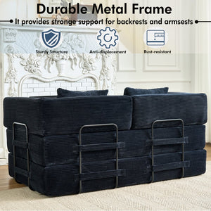 English Elm Convertible Floor Sofa Bed with Corduroy Upholstery High Density Foam Studio Sleeper Black W3434P509870