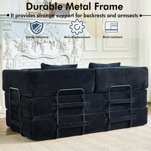 English Elm Convertible Floor Sofa Bed with Corduroy Upholstery High Density Foam Studio Sleeper Black W3434P509870