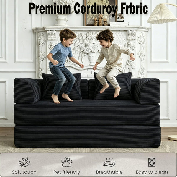 English Elm Convertible Floor Sofa Bed with Corduroy Upholstery High Density Foam Studio Sleeper Black W3434P509870