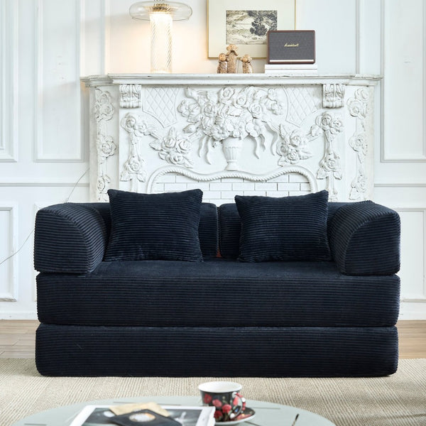 English Elm Convertible Floor Sofa Bed with Corduroy Upholstery High Density Foam Studio Sleeper Black W3434P509870