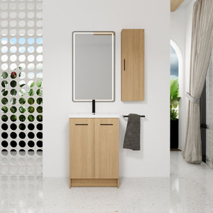 English Elm 24" Freestanding Oak Bathroom Vanity Set with Linen Tower Resin Sink Soft Close W3450S00091