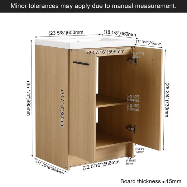 English Elm 24" Freestanding Oak Bathroom Vanity Set with Linen Tower Resin Sink Soft Close W3450S00091