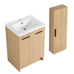 English Elm 24" Freestanding Oak Bathroom Vanity Set with Linen Tower Resin Sink Soft Close W3450S00091