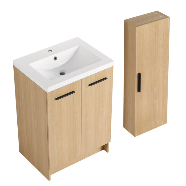 English Elm 24" Freestanding Oak Bathroom Vanity Set with Linen Tower Resin Sink Soft Close W3450S00091