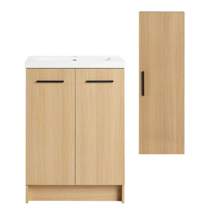 English Elm 24" Freestanding Oak Bathroom Vanity Set with Linen Tower Resin Sink Soft Close W3450S00091