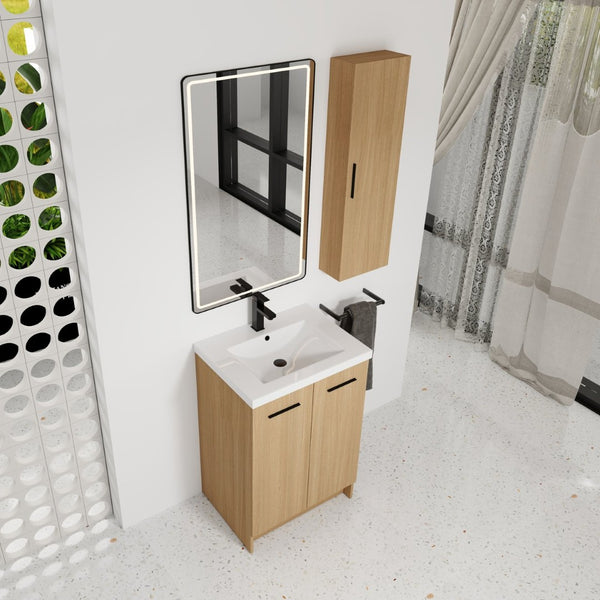 English Elm 24" Freestanding Oak Bathroom Vanity Set with Linen Tower Resin Sink Soft Close W3450S00091