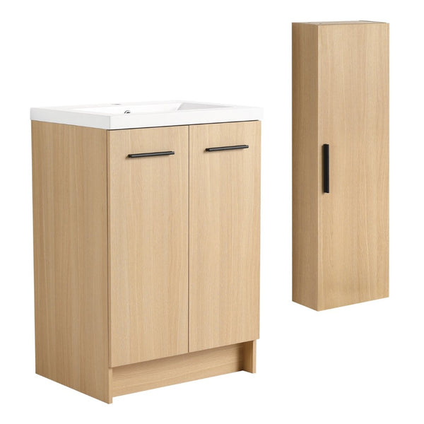 English Elm 24" Freestanding Oak Bathroom Vanity Set with Linen Tower Resin Sink Soft Close W3450S00091