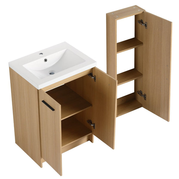 English Elm 24" Freestanding Oak Bathroom Vanity Set with Linen Tower Resin Sink Soft Close W3450S00091
