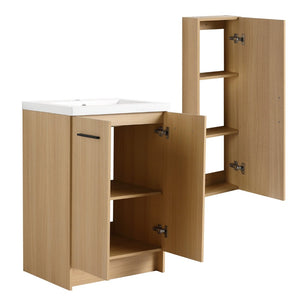 English Elm 24" Freestanding Oak Bathroom Vanity Set with Linen Tower Resin Sink Soft Close W3450S00091