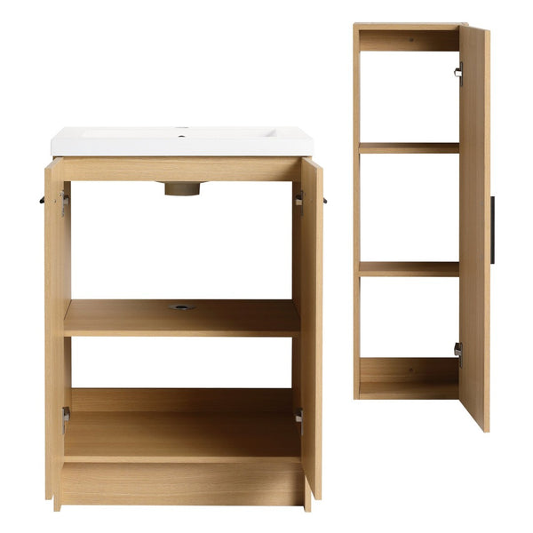 English Elm 24" Freestanding Oak Bathroom Vanity Set with Linen Tower Resin Sink Soft Close W3450S00091