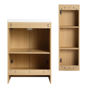 English Elm 24" Freestanding Oak Bathroom Vanity Set with Linen Tower Resin Sink Soft Close W3450S00091