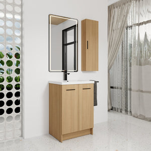English Elm 24" Freestanding Oak Bathroom Vanity Set with Linen Tower Resin Sink Soft Close W3450S00091