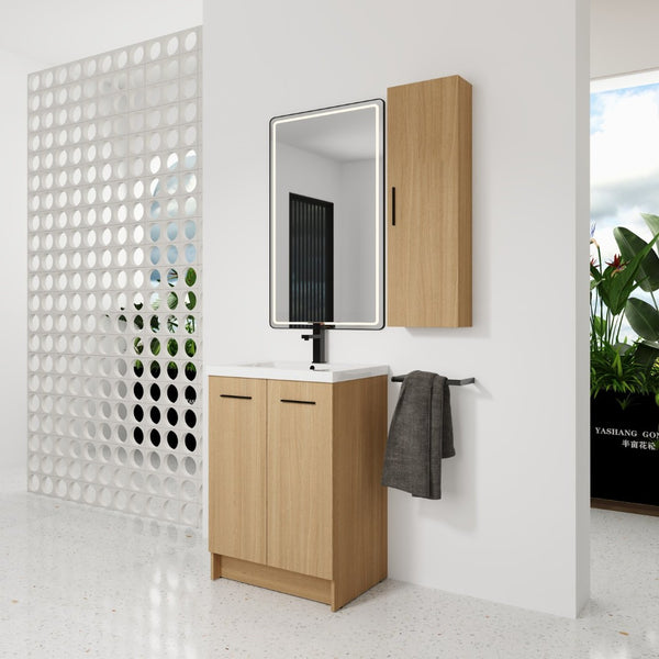 English Elm 24" Freestanding Oak Bathroom Vanity Set with Linen Tower Resin Sink Soft Close W3450S00091