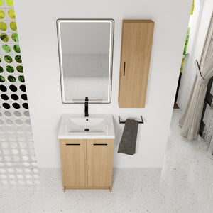 English Elm 24" Freestanding Oak Bathroom Vanity Set with Linen Tower Resin Sink Soft Close W3450S00091