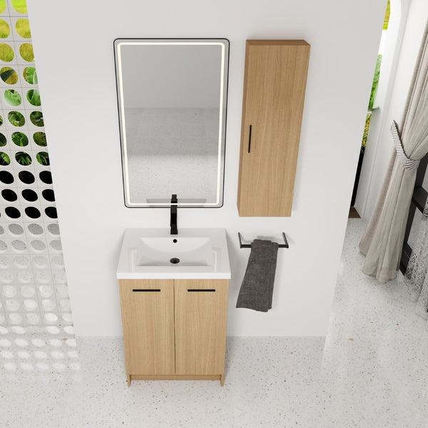 English Elm 24" Freestanding Oak Bathroom Vanity Set with Linen Tower Resin Sink Soft Close W3450S00091