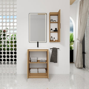 English Elm 24" Freestanding Oak Bathroom Vanity Set with Linen Tower Resin Sink Soft Close W3450S00091