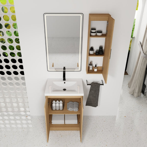 English Elm 24" Freestanding Oak Bathroom Vanity Set with Linen Tower Resin Sink Soft Close W3450S00091