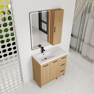 English Elm 36 Inch Freestanding Vanity Set with Linen Cabinet Resin Sink and Light Oak Finish Large Storage W3450S00099