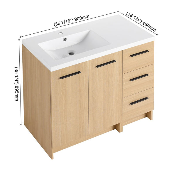 English Elm 36 Inch Freestanding Vanity Set with Linen Cabinet Resin Sink and Light Oak Finish Large Storage W3450S00099